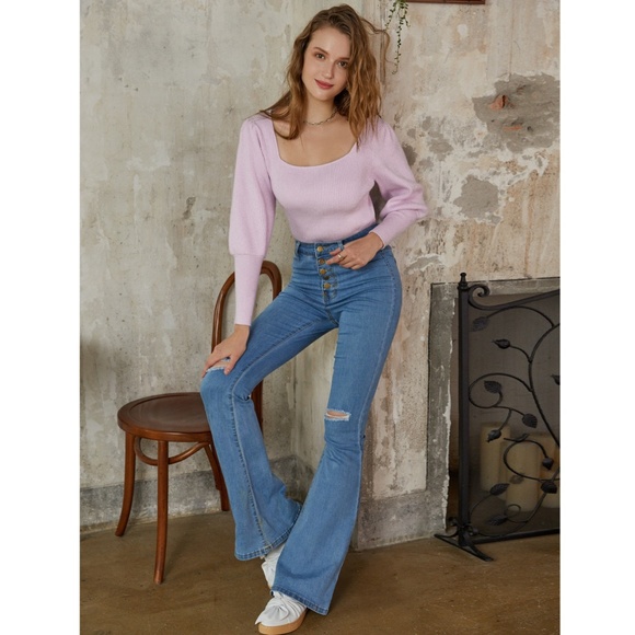 Lilac Puff Sleeve Square Neck Knit Top - Picture 7 of 12